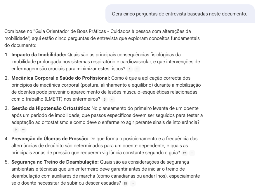 NotebookLM a gerar perguntas com citações inline